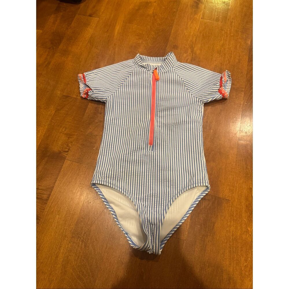 Crewcuts Girls Size 6-7 Blue White Seersucker Stripe Rash Guard Swimsuit UPF 50+